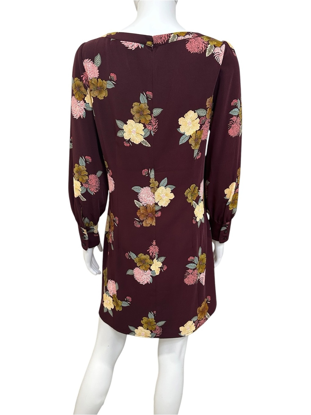 Ann Taylor LOFT Women's Burgundy Floral Long-Sleeve Shift Dress 8P 8 Petite - Picture 2 of 8